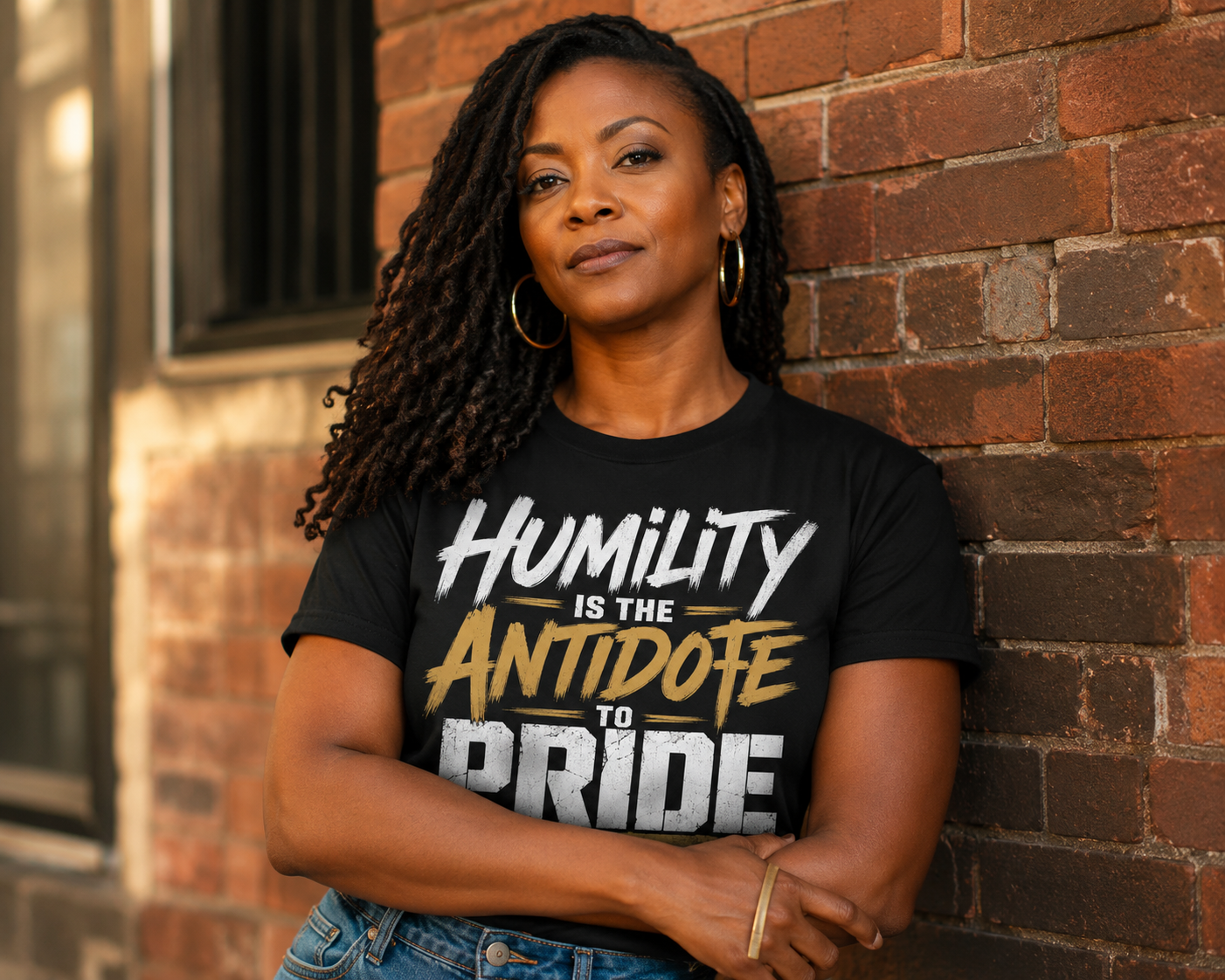 Woman wearing a black t-shirt with 'Humility is the Antidote to Pride' text against a brick wall.