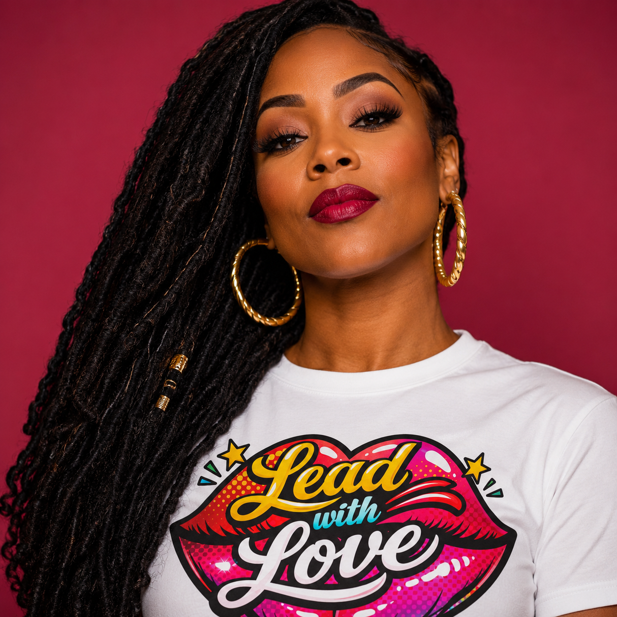 Woman wearing a white t-shirt with 'Lead with Love' graphic on a pink background